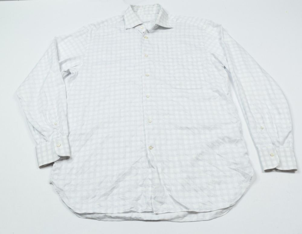 Ermenegildo Zegna Shirt Mens 16 Blue White Plaid Check Long Sleeve Button-Up